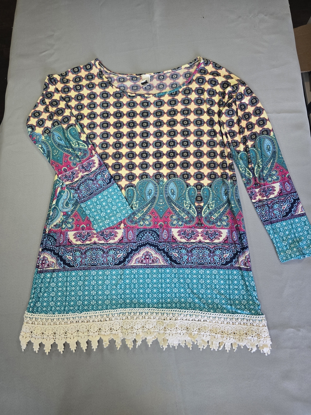 Bohemian Paisley Crochet-Hem Tunic — Teal, Pink & Cream